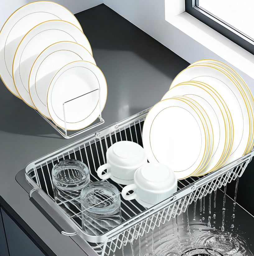 2-in-1 extendable sink drain rack, household dish and tableware storage rack, multi-functional kitchen countertop organizer